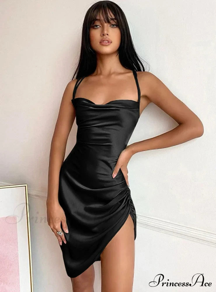 Pink Satin Bodycon Sling Slit Dress for Women