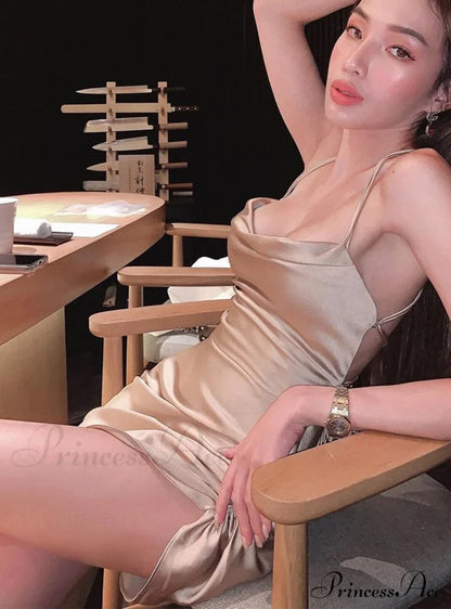Pink Satin Bodycon Sling Slit Dress for Women