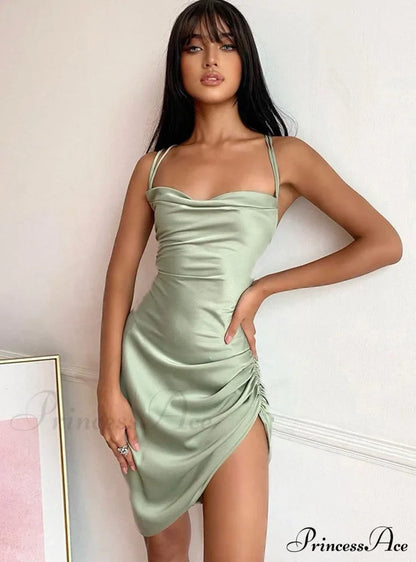 Pink Satin Bodycon Sling Slit Dress for Women