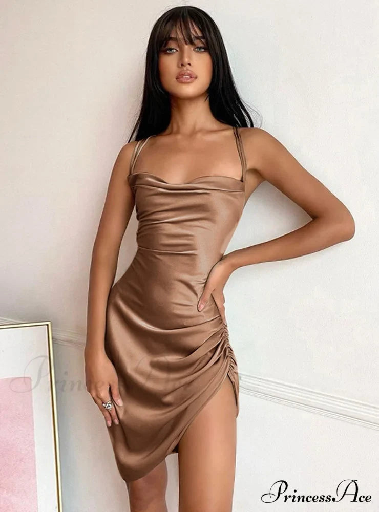 Pink Satin Bodycon Sling Slit Dress for Women