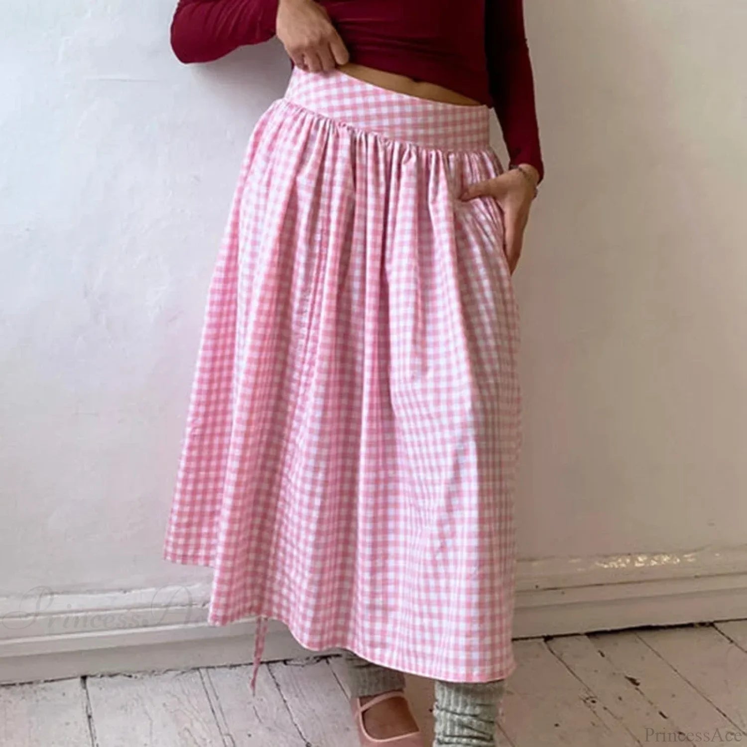 Plaid Drawstring Maxi Skirt