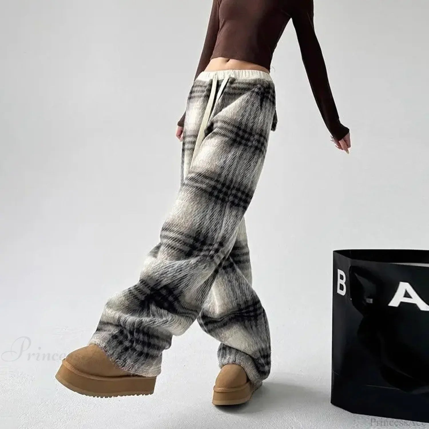 Plaid Fleece High Waist Casual Pants