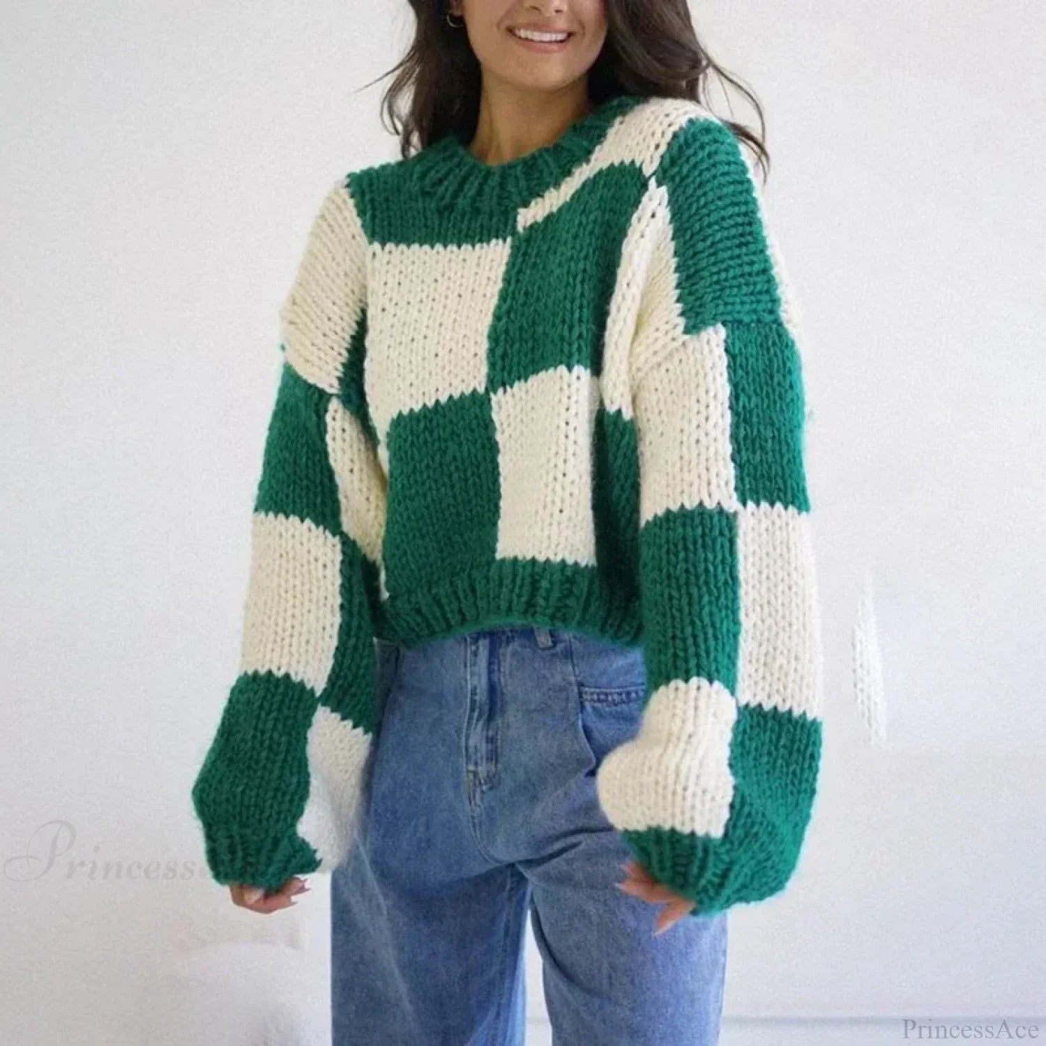 Plaid Print Cropped Comfy Sweater