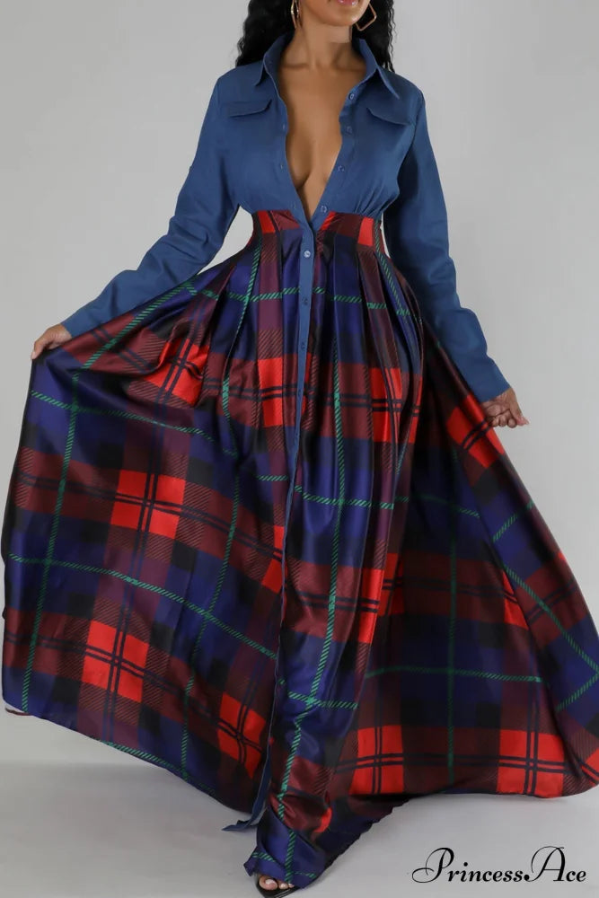 Plaid Printed Shirt Dress with Lapel