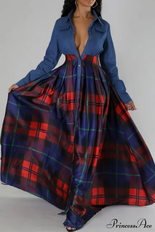 Plaid Printed Shirt Dress with Lapel