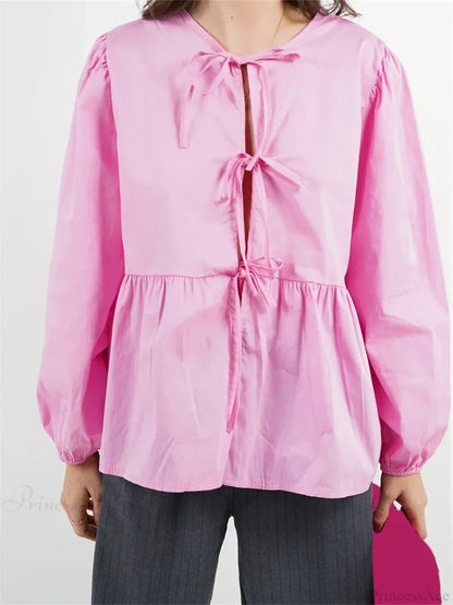 Plaid Stripe Front Tie-up Long Sleeve Blouse