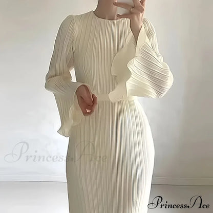 Pleated Ruffle Crew Neck Long Sleeve Casual Dress