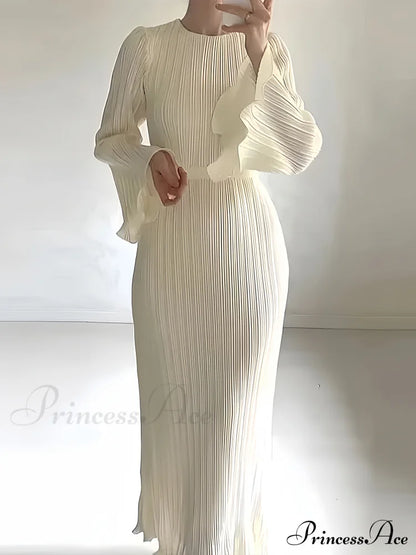 Pleated Ruffle Crew Neck Long Sleeve Casual Dress