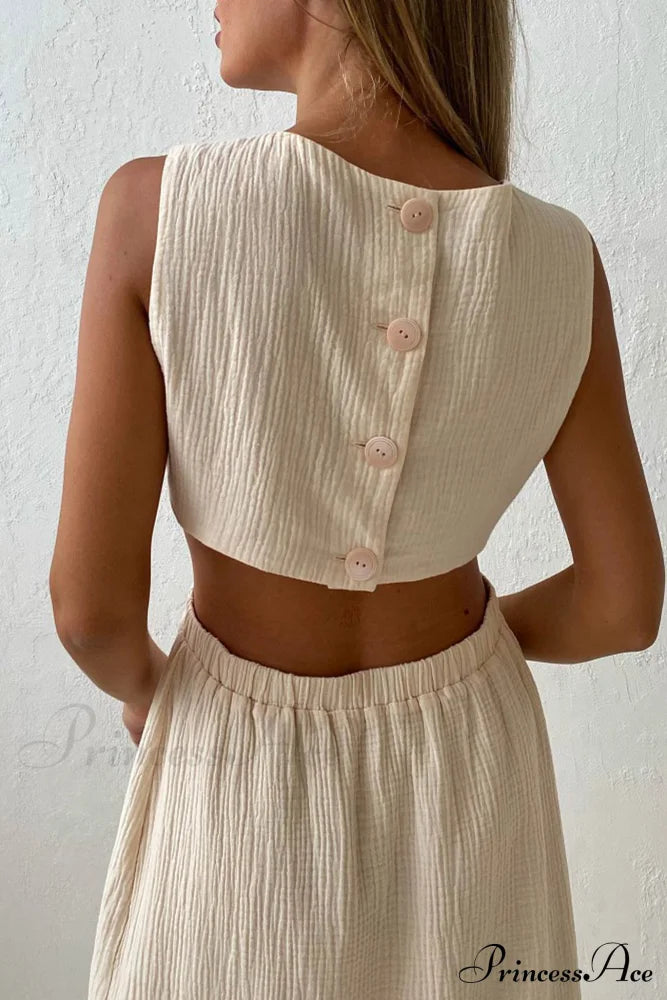 Pleated Tank Dress with Single-breasted Closure and Bare Waist