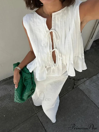 Pleated Tie Up Sleeveless Graceful Top And Midi Skirt Set