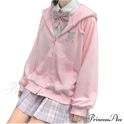 Plus Hoodie Design Women Fruit Sweatshirt Harajuku Loose Thin Zipper Sweet Pink Pocket Cute Size Spring Clothes