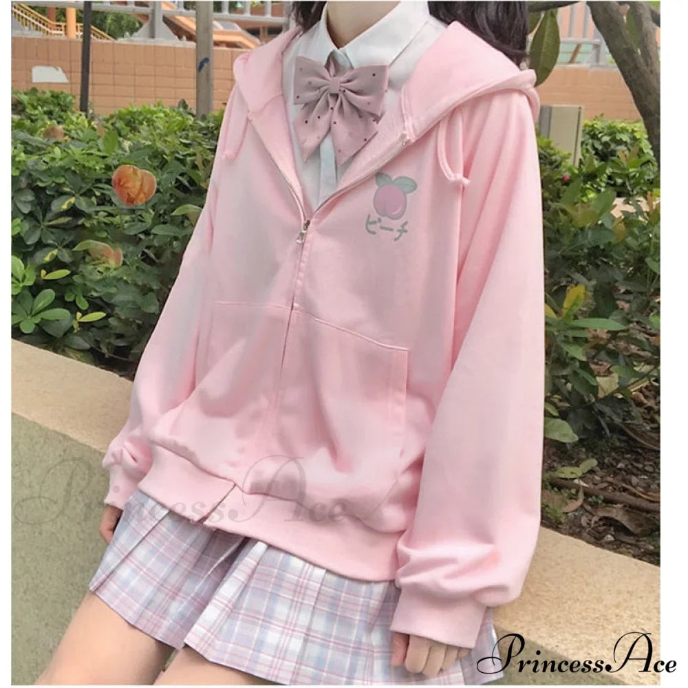 Plus Hoodie Design Women Fruit Sweatshirt Harajuku Loose Thin Zipper Sweet Pink Pocket Cute Size Spring Clothes