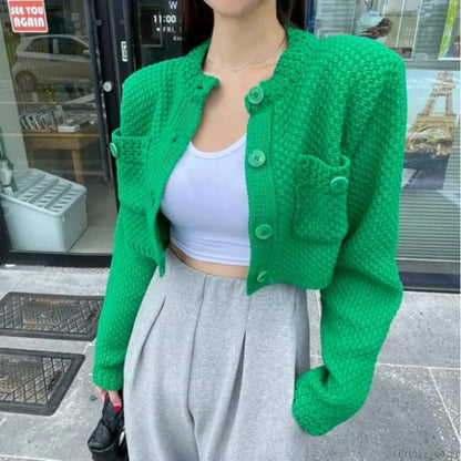 Pocket Cropped Solid O-Neck Knit Cardigan