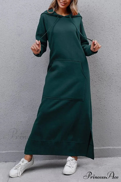 Pocketed Slit Hem Hoodie Dress