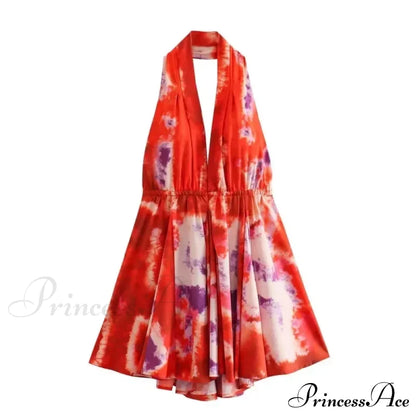Print Halter Open Back Graceful Sleeveless V Neck Mini Dress
