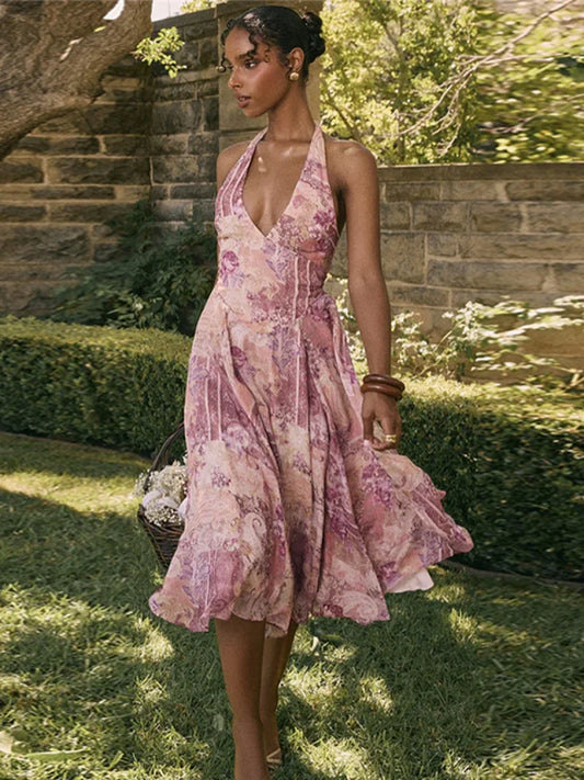 Print Pleated A-line Vacation Dress