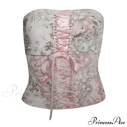 Printed Corset Pink Charming Ribbon Tie-Up Tube Top