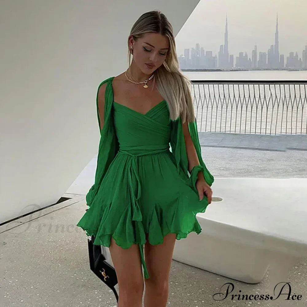 Printed Long Slit Charming Sleeve Mini Dress