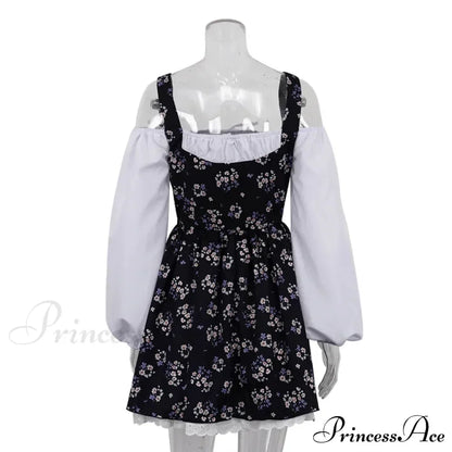 Printed Off-shoulder Lantern Charming Sleeve Flare Mini Dress