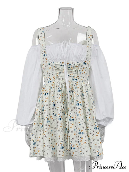 Printed Off-shoulder Lantern Charming Sleeve Flare Mini Dress