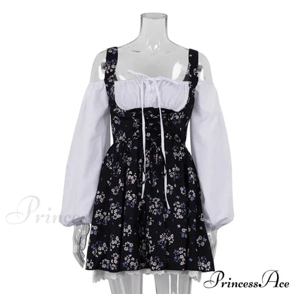 Printed Off-shoulder Lantern Charming Sleeve Flare Mini Dress