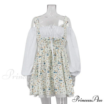 Printed Off-shoulder Lantern Charming Sleeve Flare Mini Dress