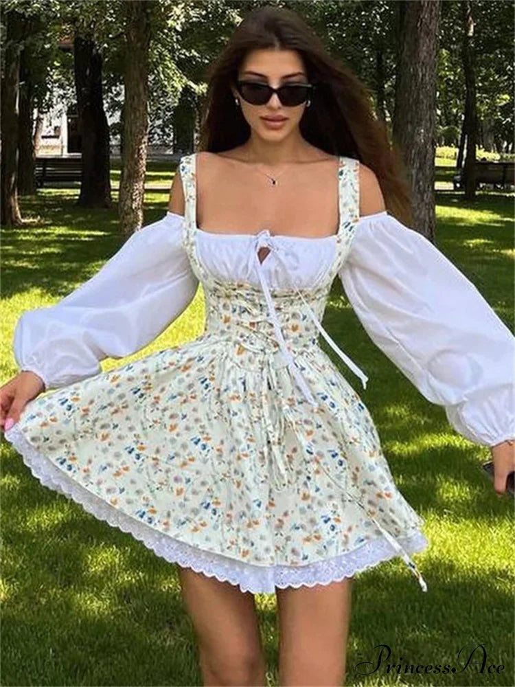 Printed Off-shoulder Lantern Charming Sleeve Flare Mini Dress