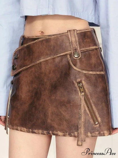 PU Leather High Waist A-Line Trendy Zipper Design Belted Mini Skirt