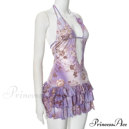 Purple Printed Deep Neck Graceful Frill Mini Strap Dress