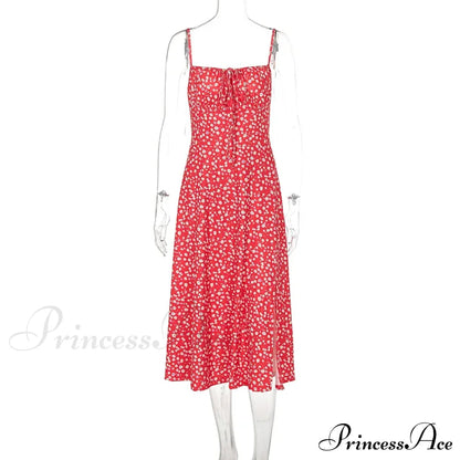 Red Floral Print Charming Strap Split Midi Dress