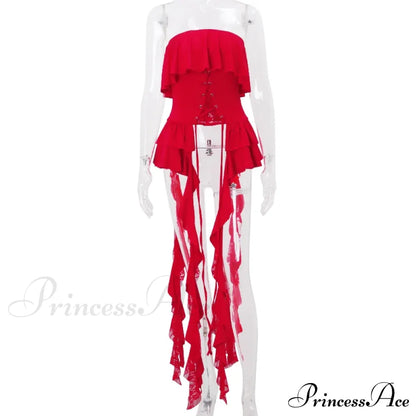 Red Ruffled Lace Charming Up Tube Top