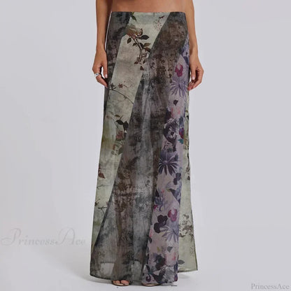 Retro Floral Print Long Patchwork Mesh Low Rise Skirt
