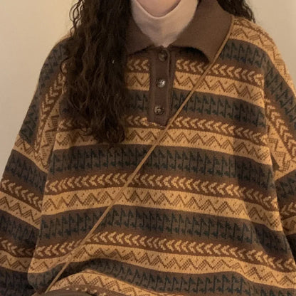 Retro Lazy Style Striped Loose Sweater
