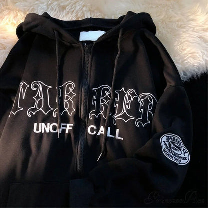 Retro Letter Print Baggy Hoody Jacket