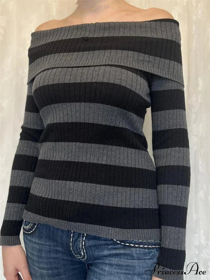 Retro Slash Neck Off Shoulder RibbedLong Sleeve  Knit Top