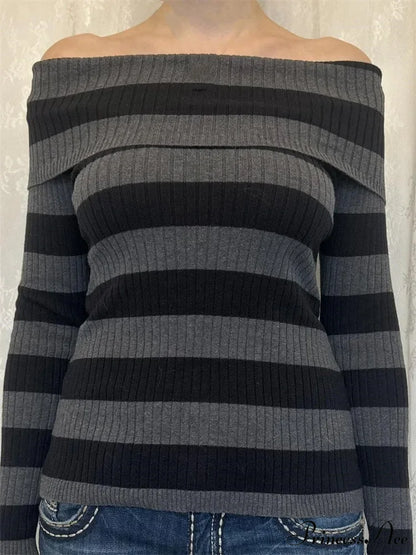 Retro Slash Neck Off Shoulder RibbedLong Sleeve  Knit Top