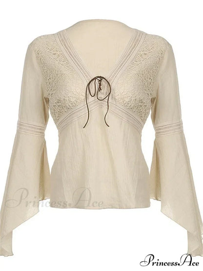 Retro  y2k Fairycore  V-neck Long Flare Sleeve T-shirts