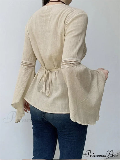 Retro  y2k Fairycore  V-neck Long Flare Sleeve T-shirts