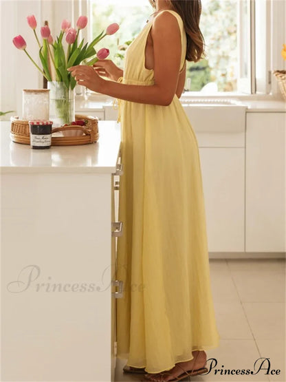 Retro Women Evening Party Solid Color Sleeveless Deep V-Neck Front Tie-up Formal Female Vestido