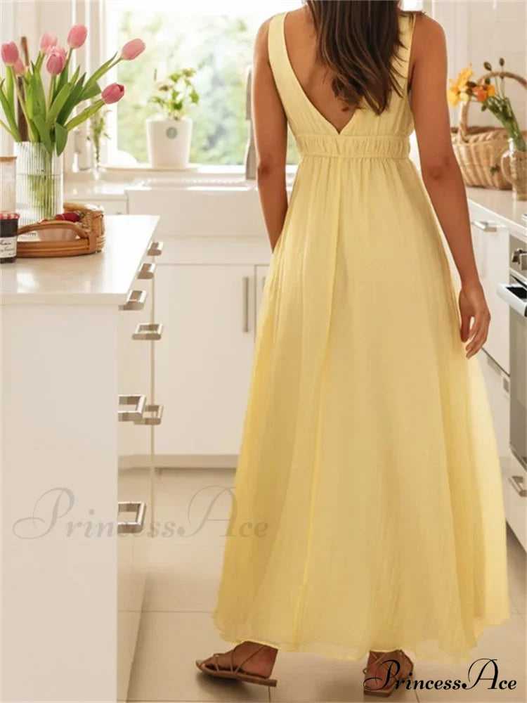 Retro Women Evening Party Solid Color Sleeveless Deep V-Neck Front Tie-up Formal Female Vestido