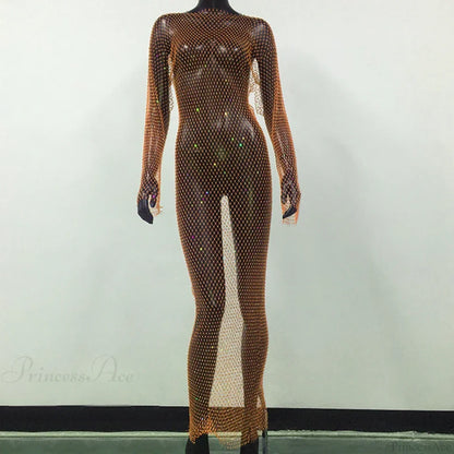 Rhinestone Fishnet Long Sleeve Party Dress