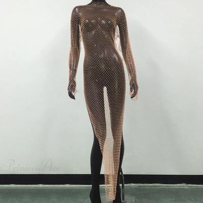 Rhinestone Fishnet Long Sleeve Party Dress
