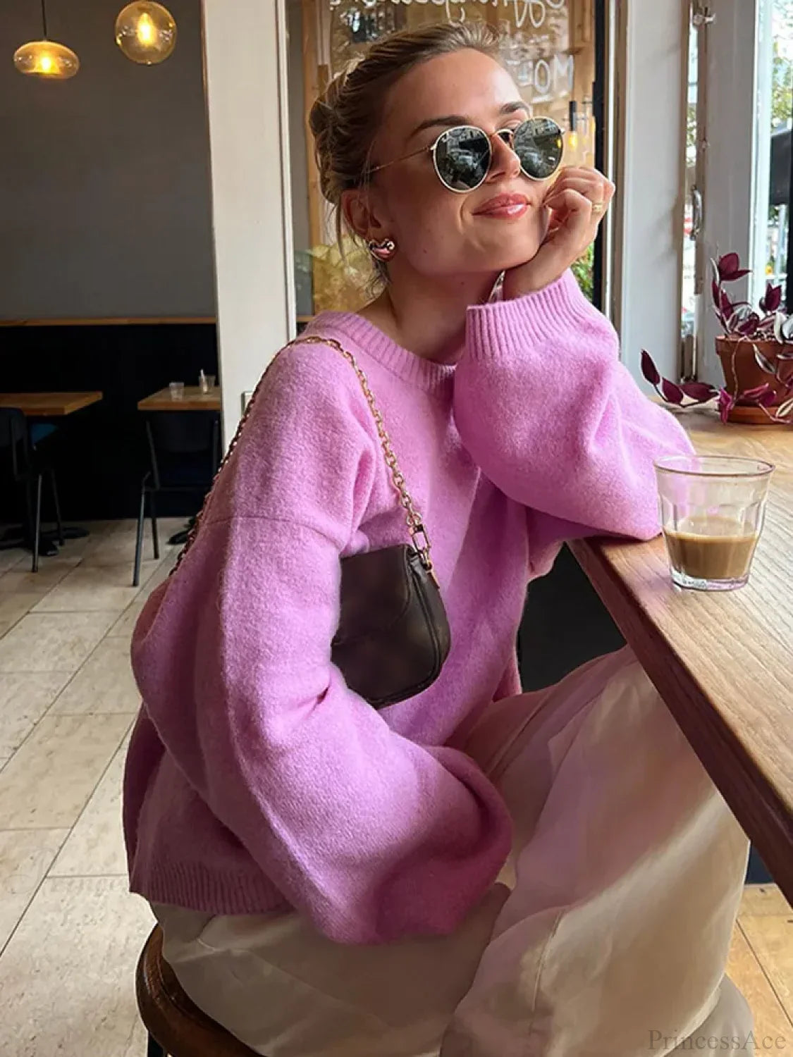 Rose Pink O - neck Lantern Sleeve Sweater
