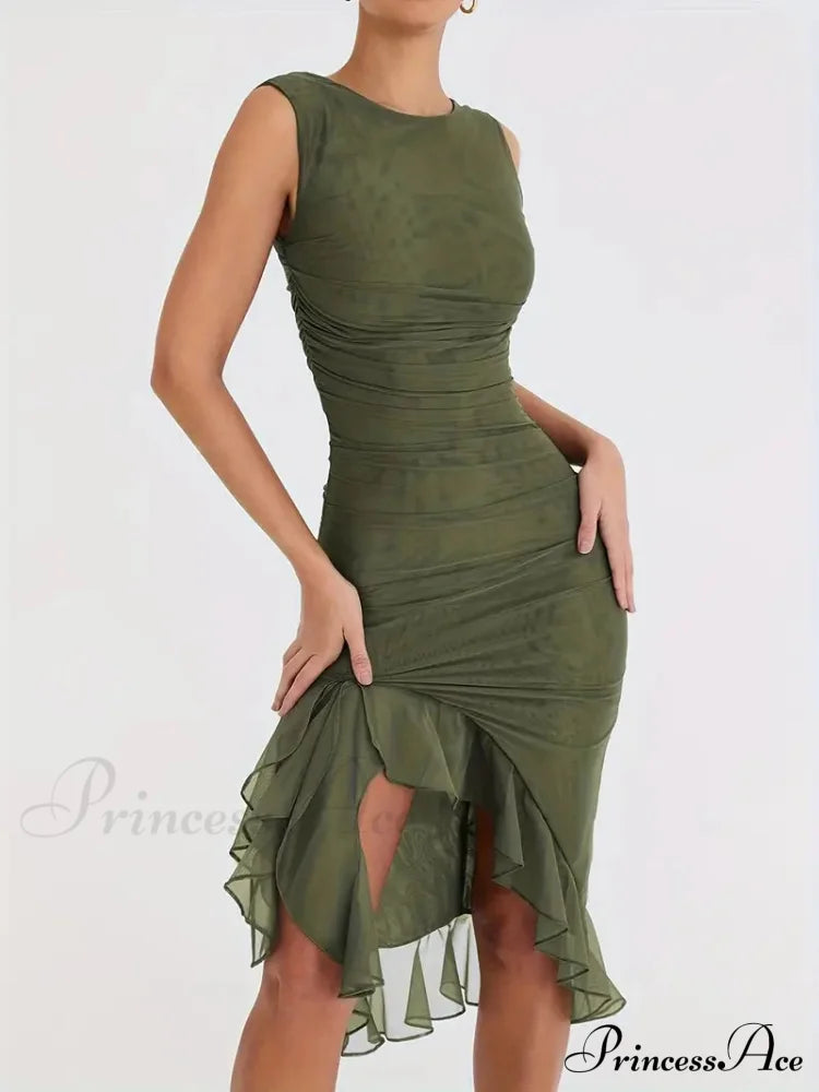 Ruched Backless Bodycon Dress with Ruffle Hem