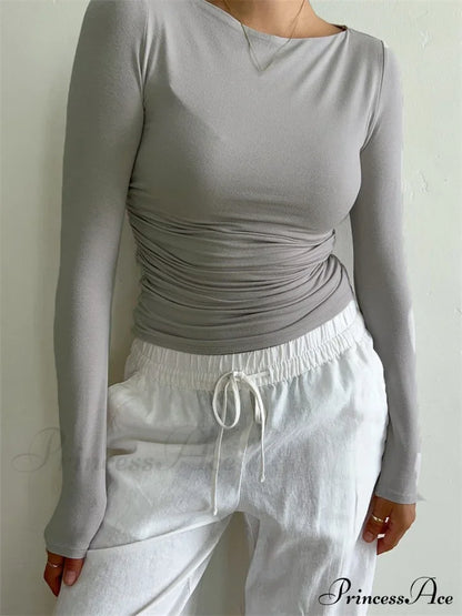 Ruched Casual Slim Fit Pullovers Long Sleeve T-Shirts