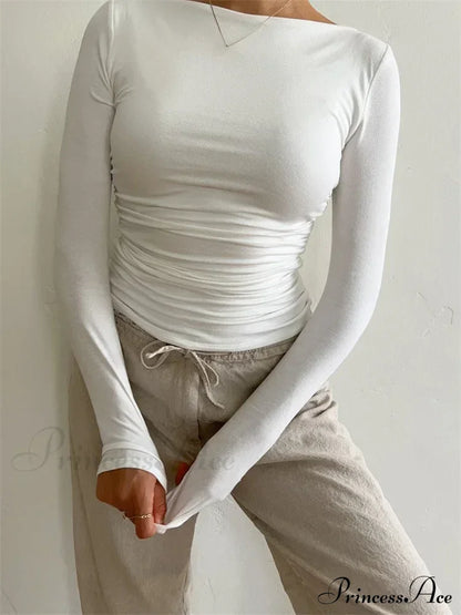 Ruched Casual Slim Fit Pullovers Long Sleeve T-Shirts