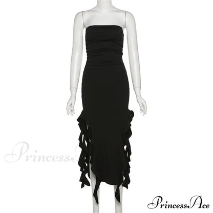 Ruffle Fringe Double Charming Slit Tube Midi Dress