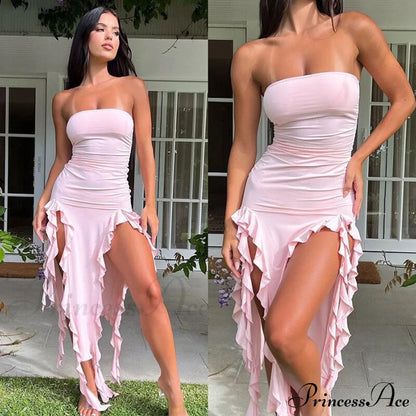 Ruffle Fringe Double Charming Slit Tube Midi Dress