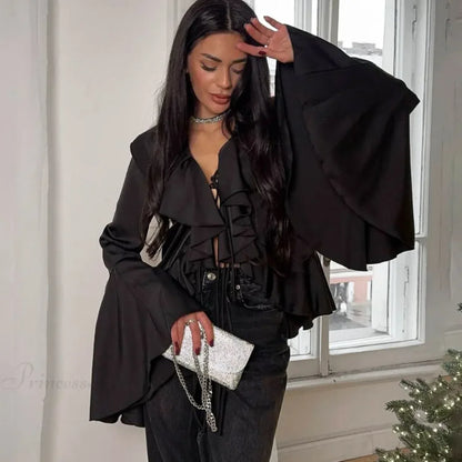 Ruffled Lace-Up V-neck Casual Long Sleeve Blouse