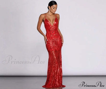 Salma Formal Sequin Charming Scroll Print Dress